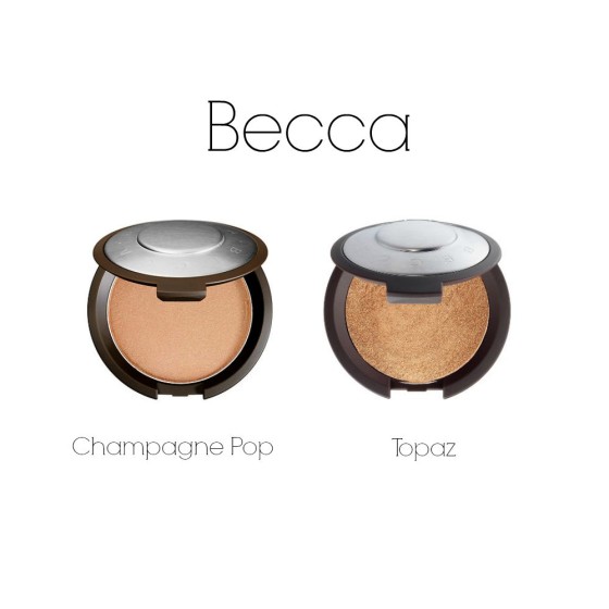 Becca Cosmetics x Jaclyn Hill Shimmering Skin Perfector Pressed Champagne Pop - Soft white gold with peach undertones ($38) Becca Cosmetics Topaz - Golden bronze ($38) 